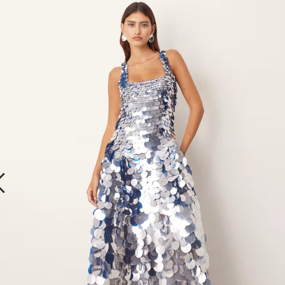 ARRANGE embellished paillette sequin square neck full skirt midi dress in blue